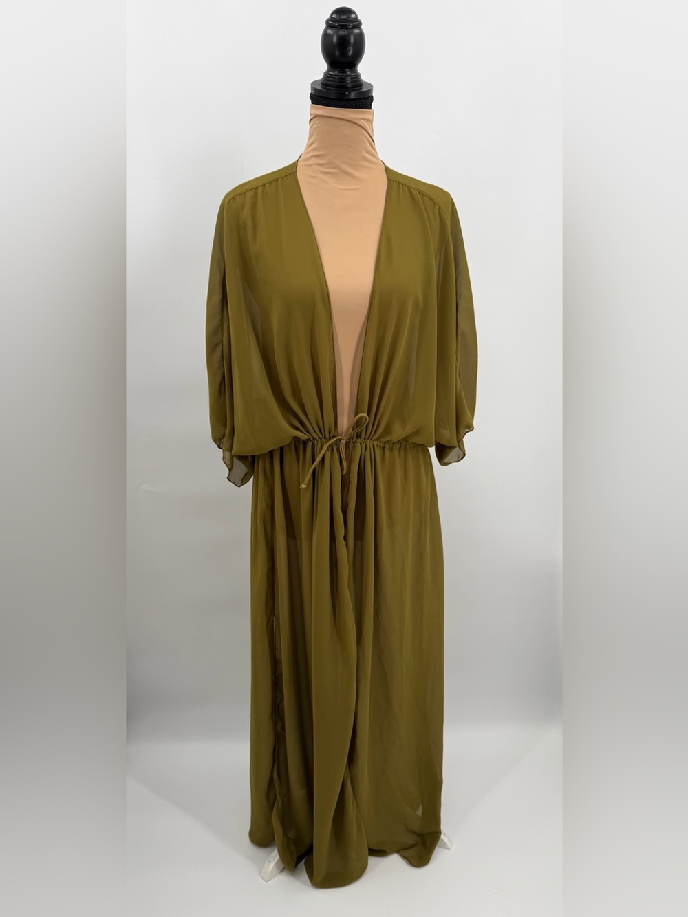 Olive Green Chiffon Maxi kimono Swim Cover Up S Resort Beach vacation flowy - Picture 2 of 12